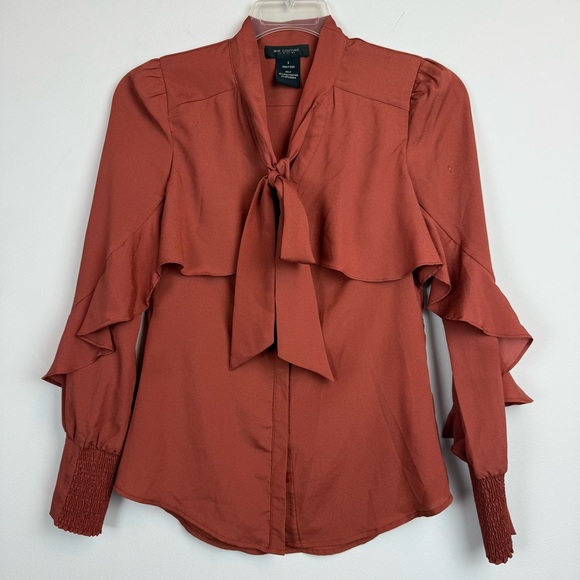 M M Couture Miss Me Rust Blouse w/Ruffle Chest & Smocked Sleeves & Bow Tie Sz M - Picture 9 of 14